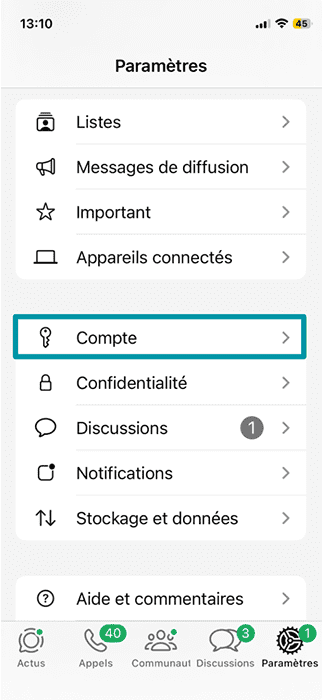 The WhatsApp app for iPhone, showing the Account option in the Settings menu.