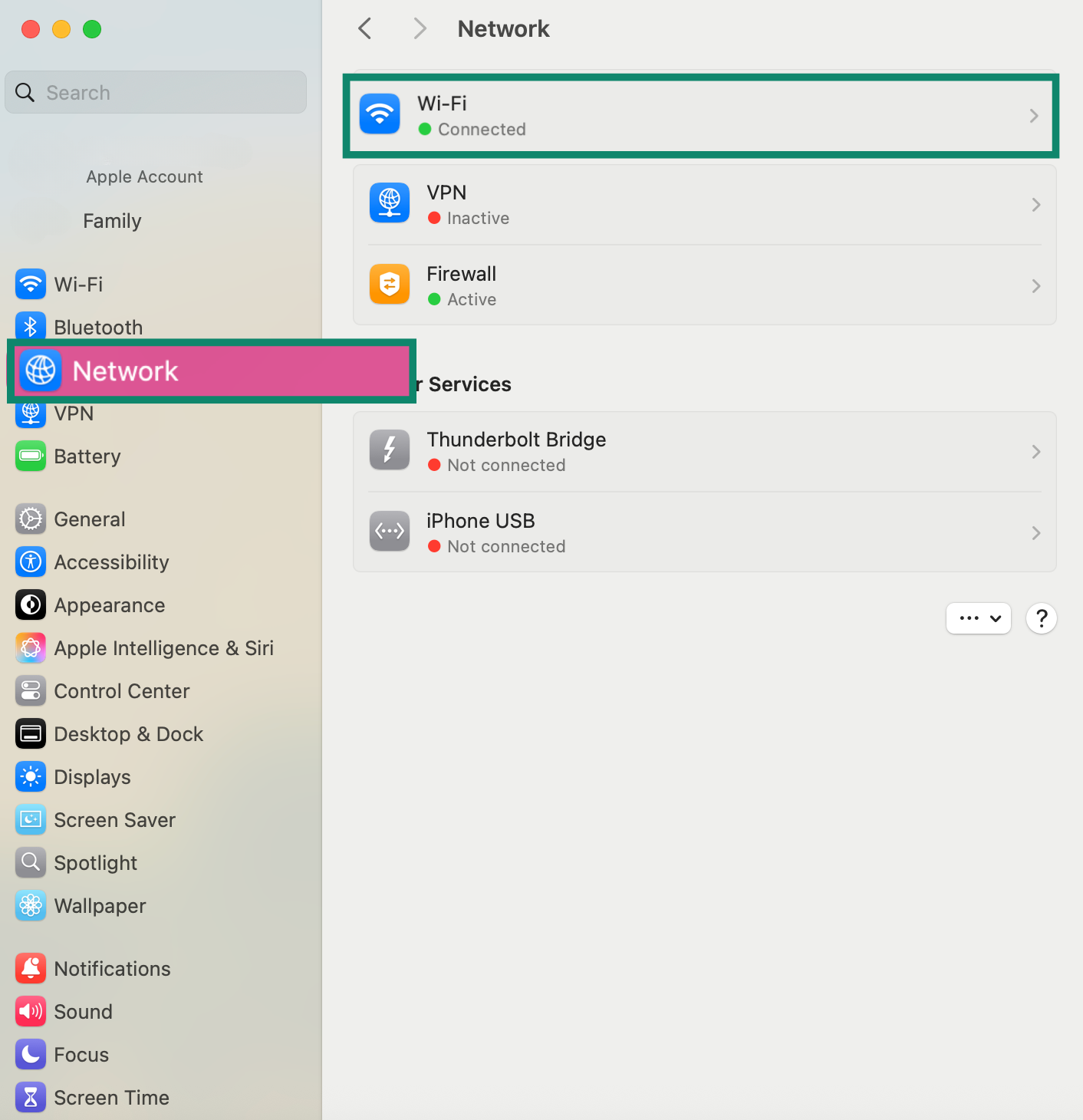 Mac settings showing Network and connected Wi Fi.