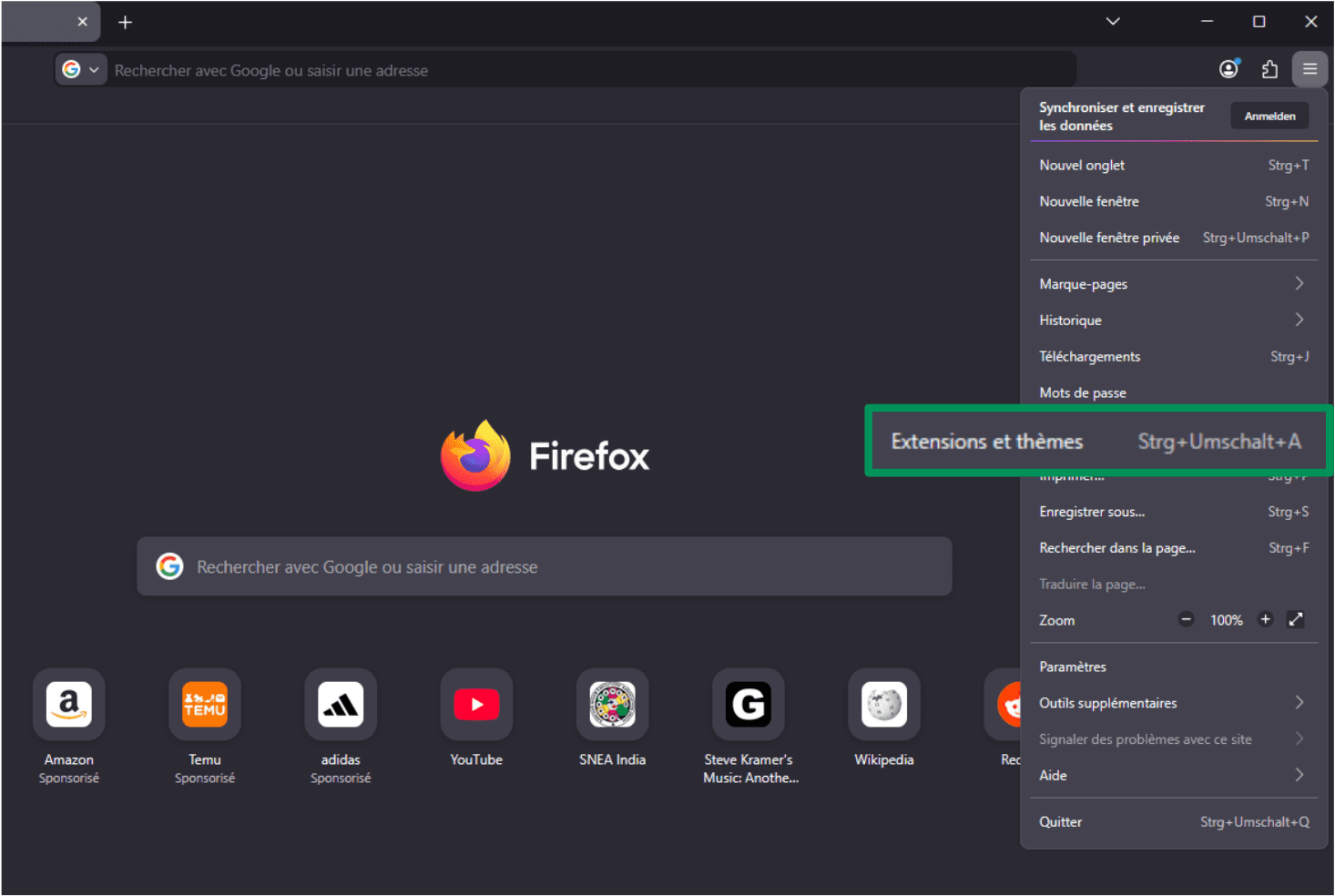 A screenshot of the Mozilla Firefox menu, showing the Extensions and themes button.