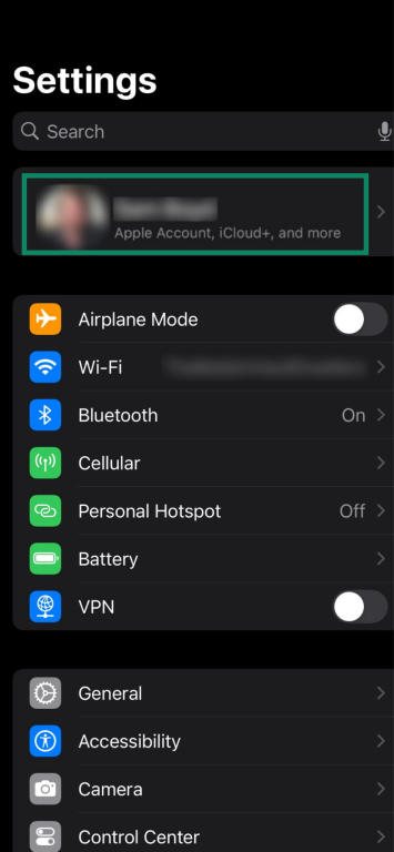 Screenshot showing Apple's settings app, with the Apple Account name highlighted