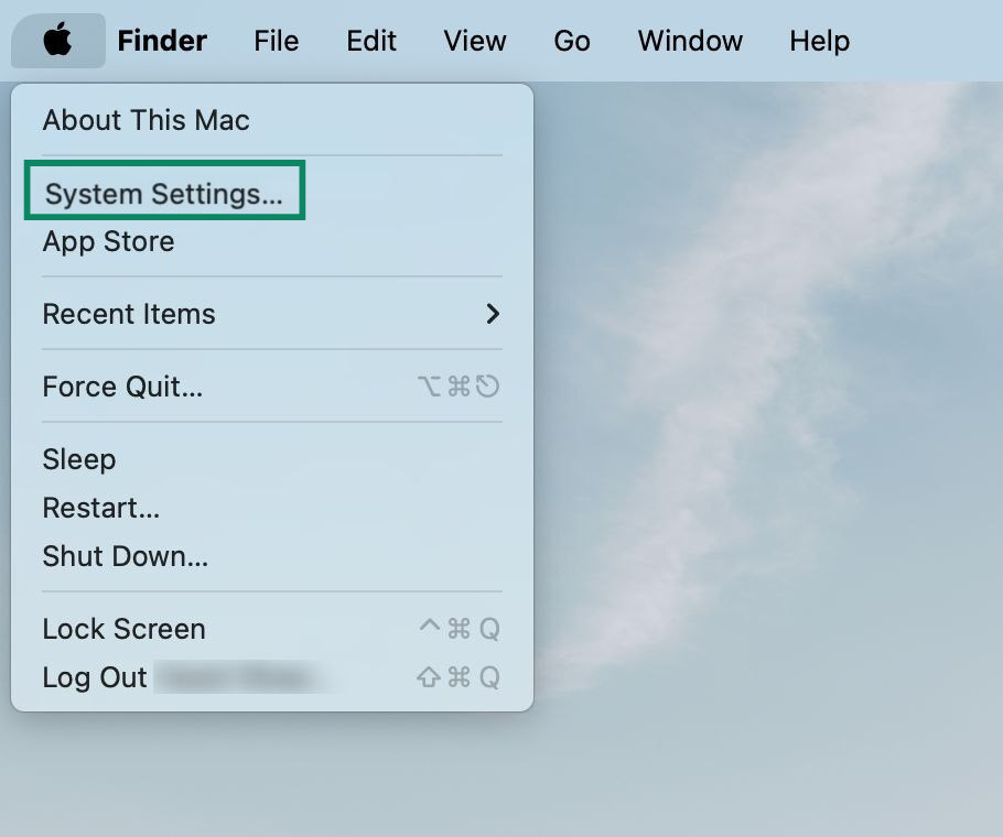 Screenshot of the Apple menu showing the System Settings option