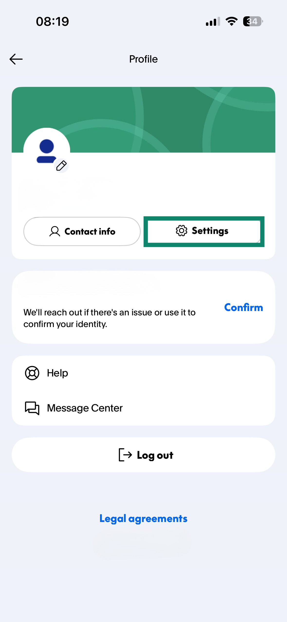 PayPal mobile app profile screen, with the