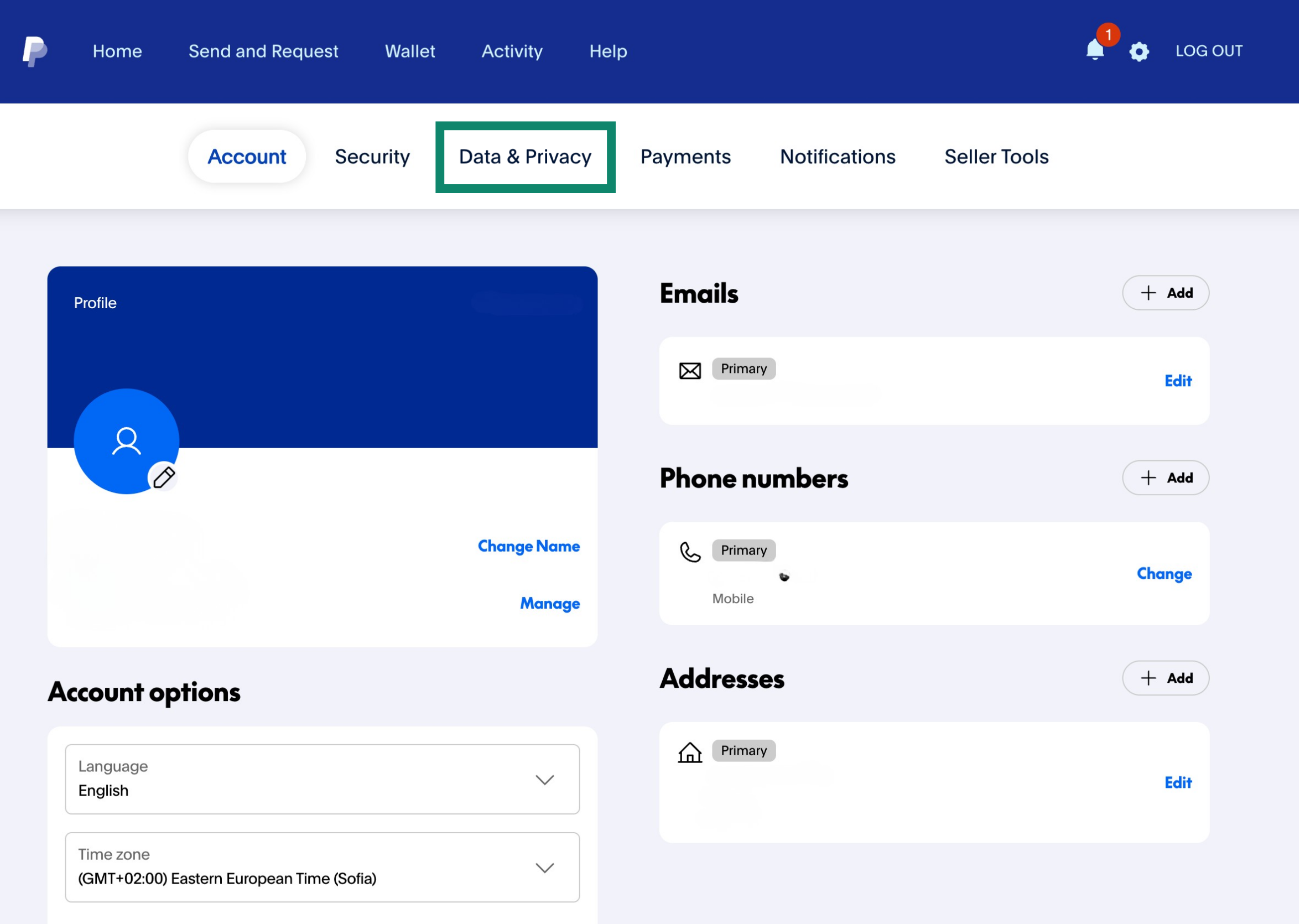 PayPal settings menu, showing the