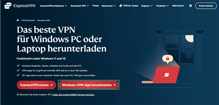 ExpressVPN's download page for the Windows app.
