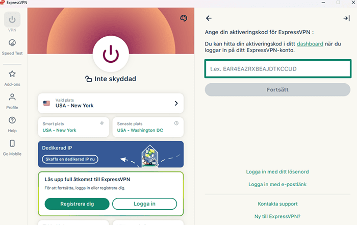ExpressVPN's Windows app, showing the activation code placeholder.