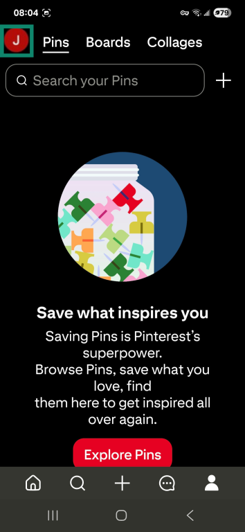 Android Pinterest app profile page with the user profile highlighted.