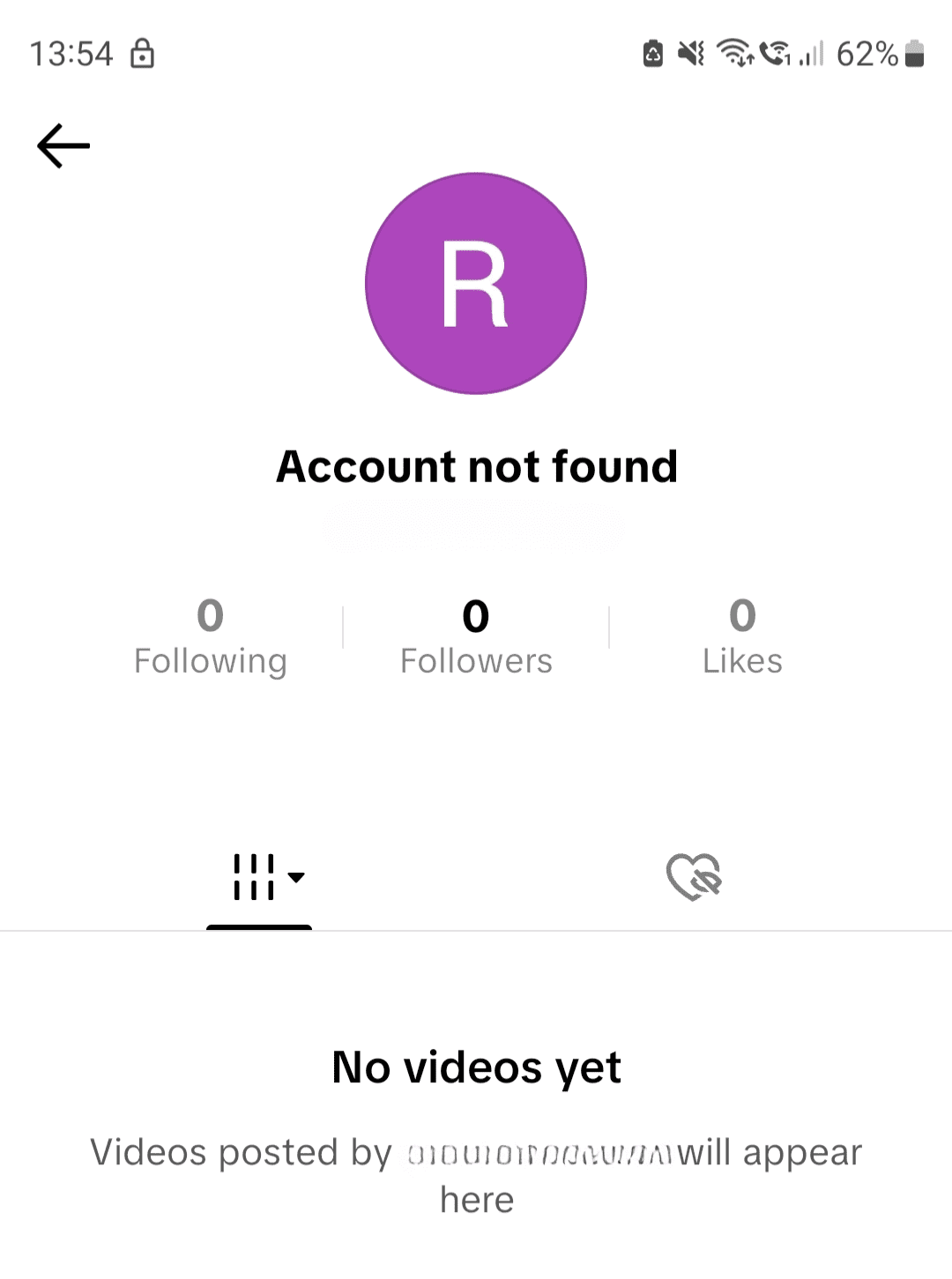TikTok profile showing Account not found with zero followers.