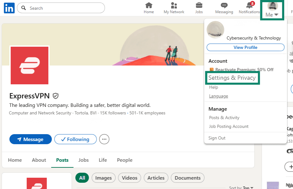 A LinkedIn page highlighting the dropdown menu that appears when you click on your profile icon.
