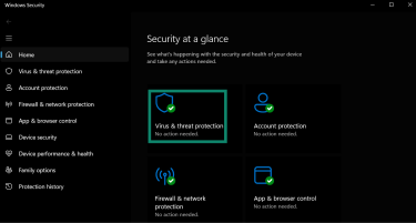Windows security screen with Virus & threat protection option highlighted.