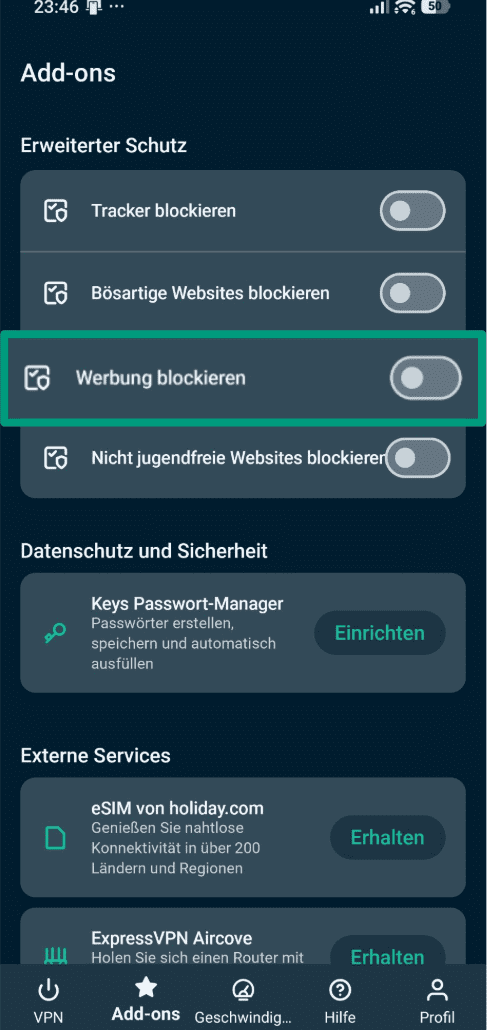 A screenshot of the ExpressVPN Android app, showing the toggle switch for the Block ads feature.