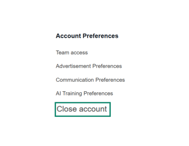 The "Account Preferences" section in the eBay account settings area. The "Close account" option is enlarged and highlighted.