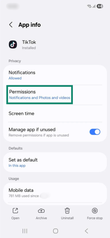 The "App info" page for TikTok on Android. The "Permissions" option is enlarged and highlighted.