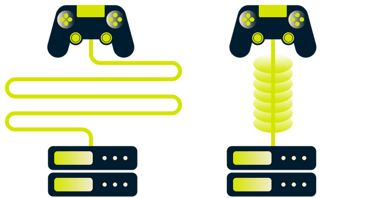 Bir oyun kolu, sunucuya ulaşmak için uzun bir rotadan geçerken diğeri kısa bir VPN tünelinden geçiyor.
