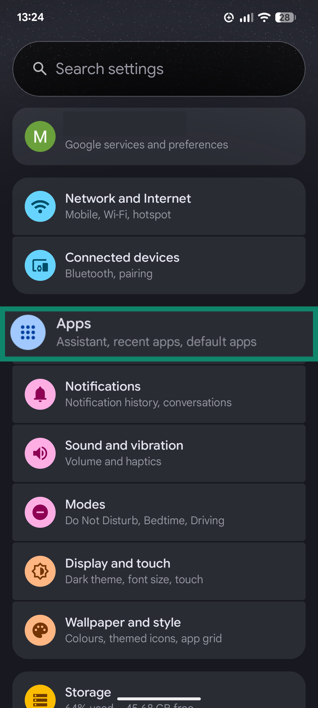 A screenshot of the Android Settings menu, showing the Apps menu option.
