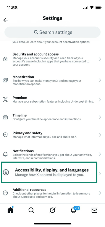 Accessibility, display, and languages option in the Twitter (X) app.