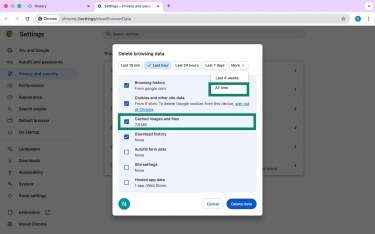 Delete browsing data settings in Google Chrome on desktop.