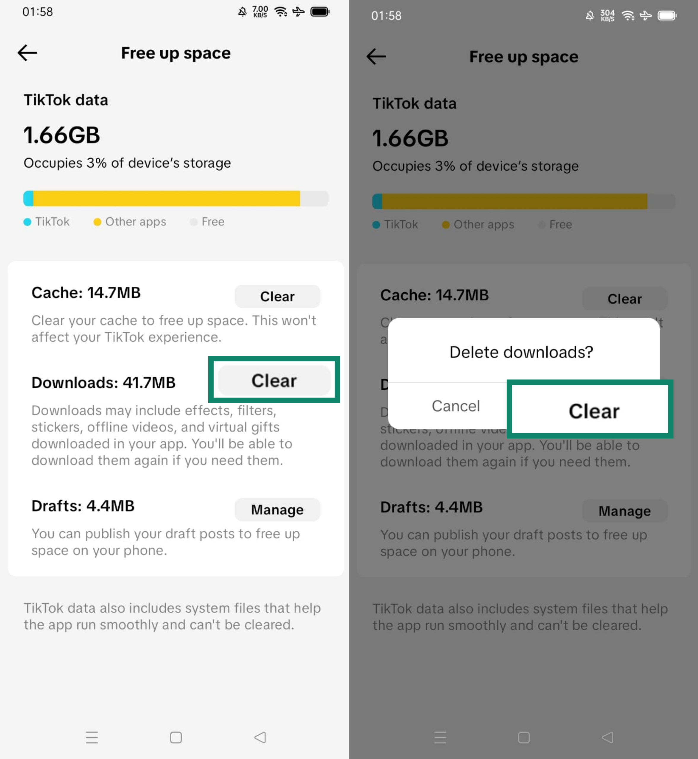 TikTok Free up space screen showing Downloads Clear option and confirmation pop-up with Clear highlighted.