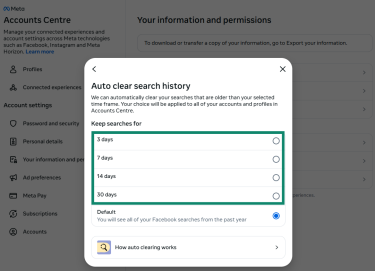 The auto-clear settings window on the Facebook Accounts Center page. The auto-clear time frame menu is highlighted.