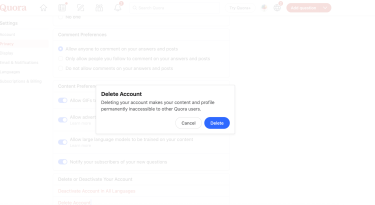 Quora account deletion confirmation.