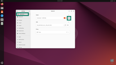Network settings on Ubuntu showing Wired connection with gear icon highlighted.