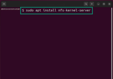 The "sudo apt install nfs-kernel-server" command in Ubuntu terminal window.