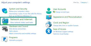 Control Panel Home with Network and Internet highlighted.