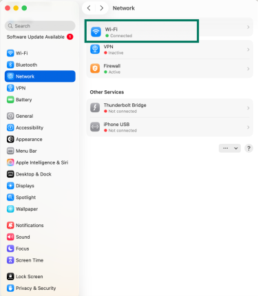 Network settings on macOS showing Wi-Fi connection selected.