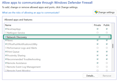 Windows Defender Firewall settings showing "Network Discovery" highlighted, with its checkbox ticked for "Private" networks.
