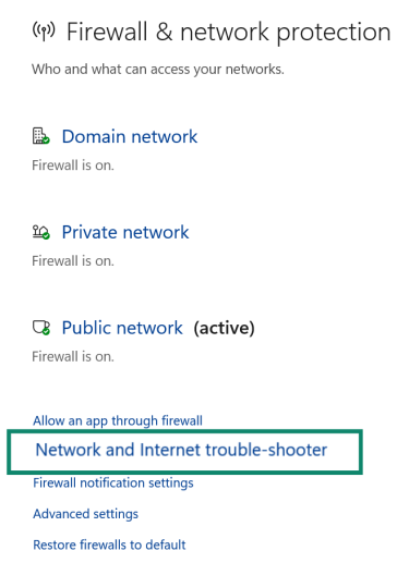 The "Firewall & network protection" menu in Windows Security, with the "Network and Internet trouble-shooter" option highlighted.
