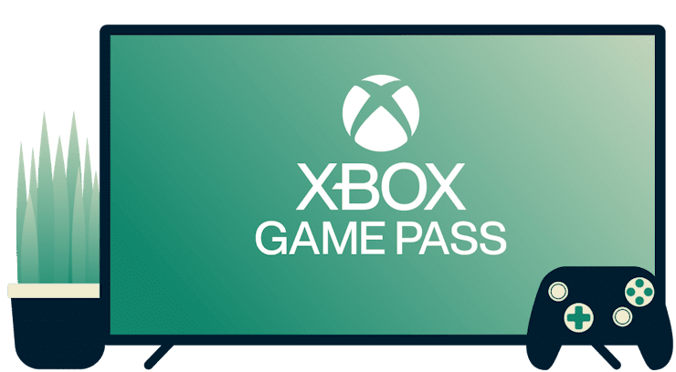 Écran avec logo Xbox Game Pass, manette et plante
