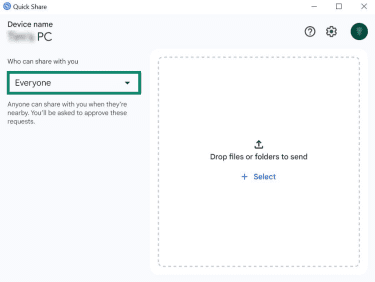 The Quick Share app on Windows 10. The "Everyone" option for the "Who can share with you" dropdown menu is highlighted.