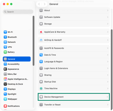Accessing the Device Management window on macOS through System Settings.