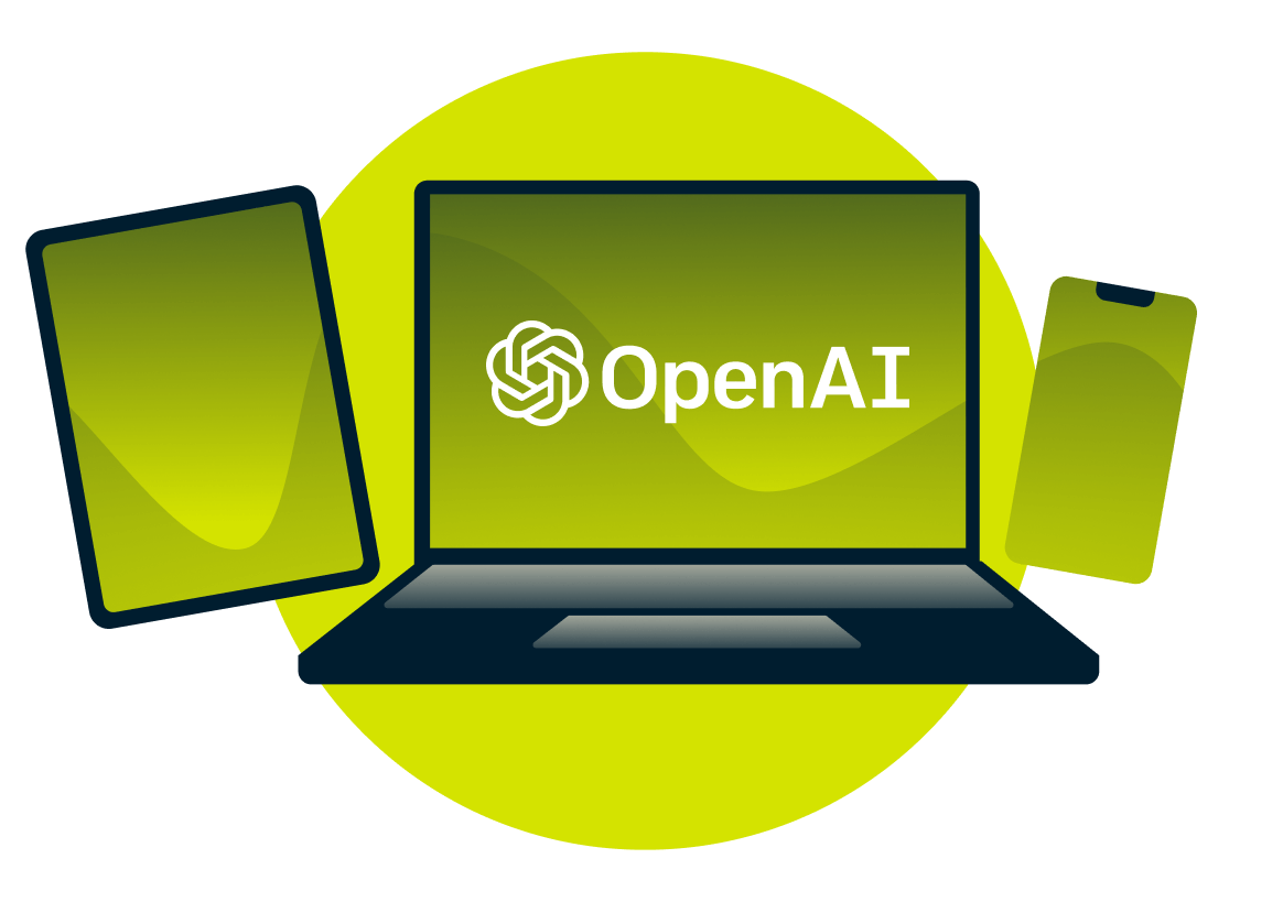 Kannettava tietokone, tabletti, puhelin ja OpenAI:n logo.