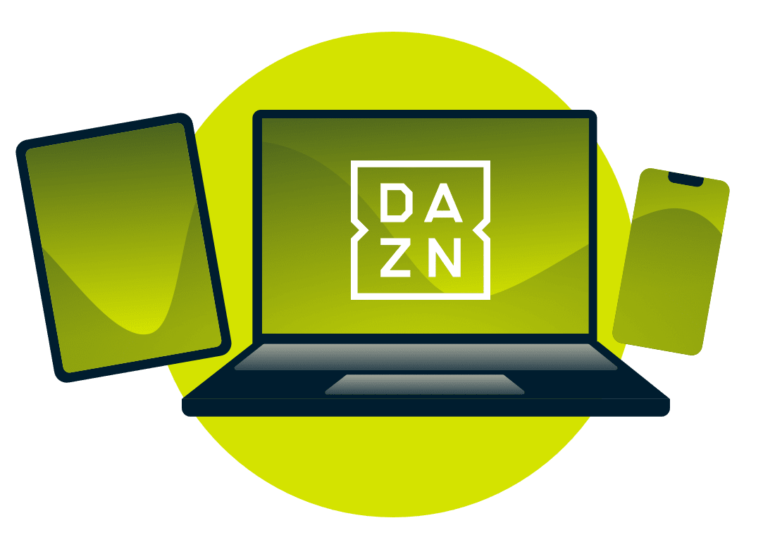 DAZN logosu olan bir dizüstü bilgisayar, tablet ve telefon.