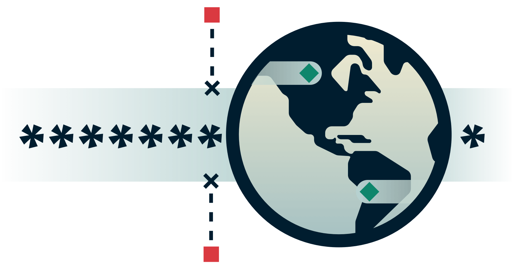 Globe med kryptert tunnel og eksterne parter som prøver å komme seg inn.