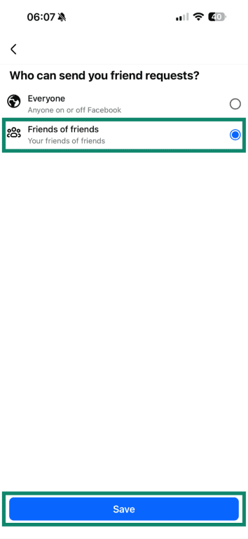 Facebook mobile "Who can send you friend requests" menu with "Friends of Friends" highlighted.