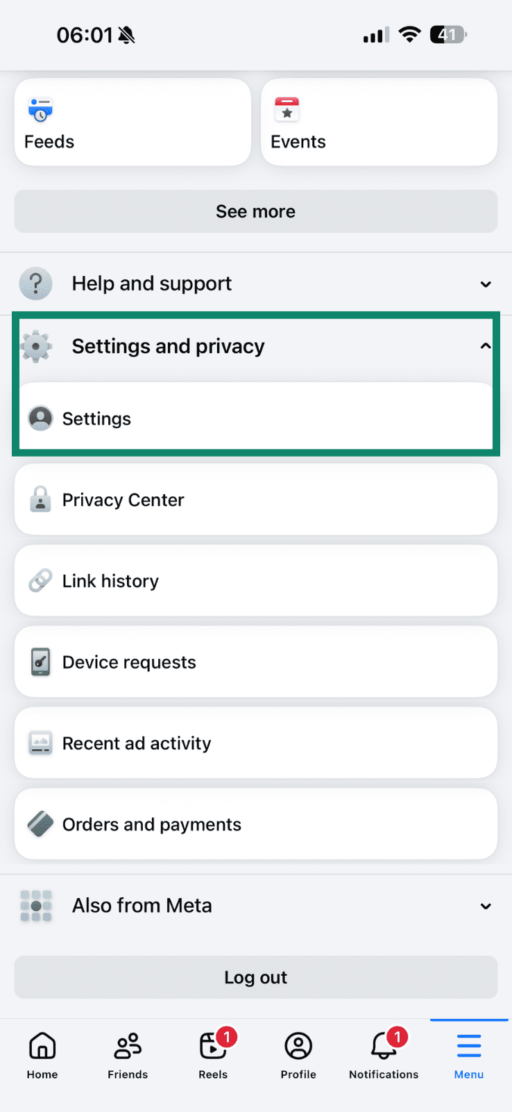 The Settings and Privacy menu fully open with the Settings option highlighted.