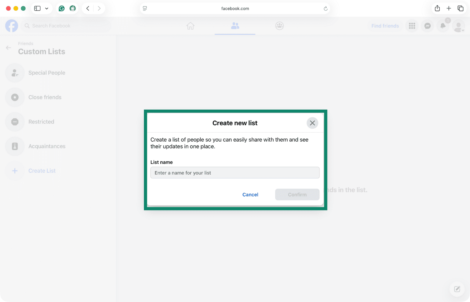 Creating a custom list of friends on Facebook.