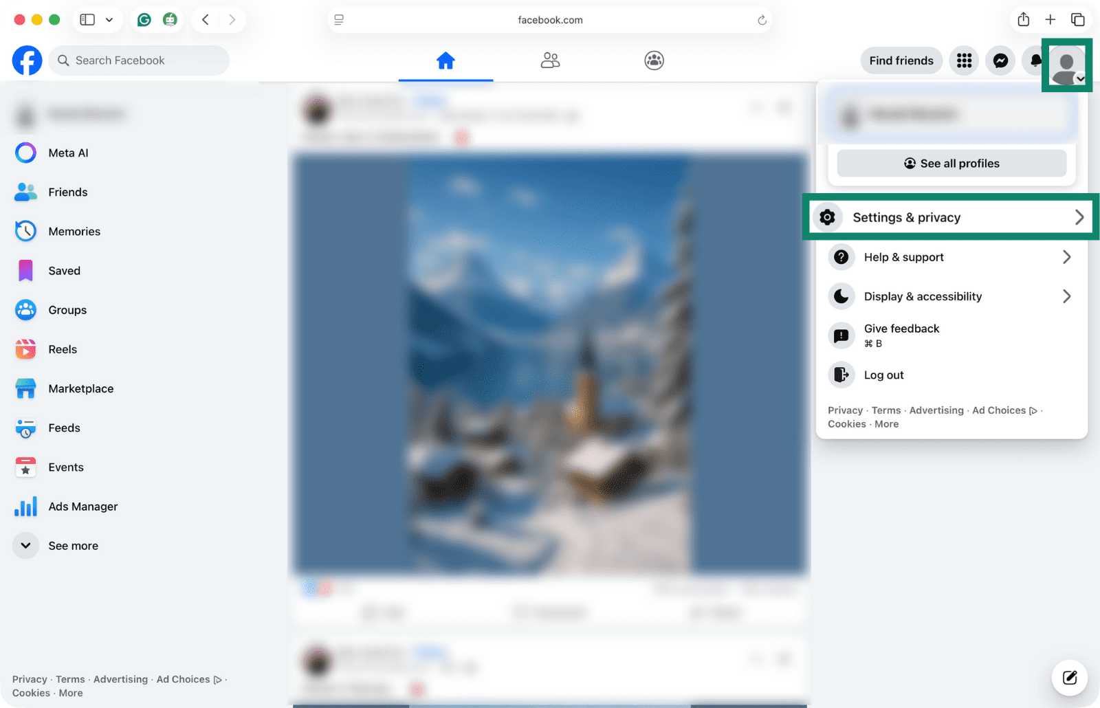 Facebook's desktop home page with the Settings & Privacy option highlighted.