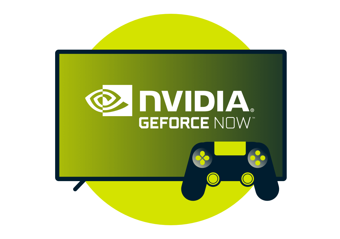Logotipo da Nvidia GeForce Now na tela com um controlador