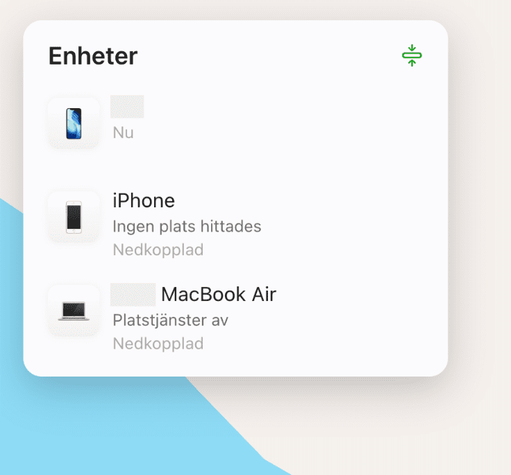 Find Devices screen showing a list of Apple devices linked to the account.