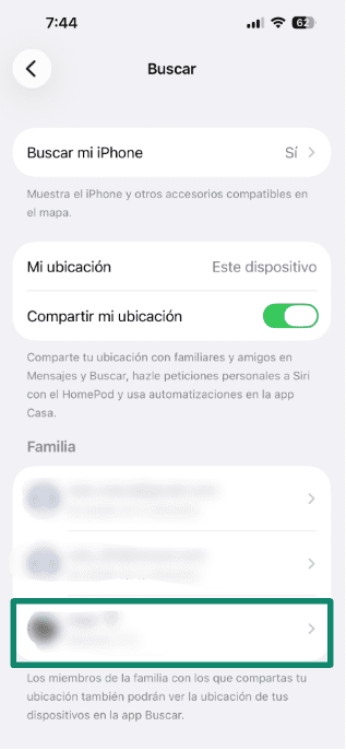 Find My settings page showing location sharing options.
