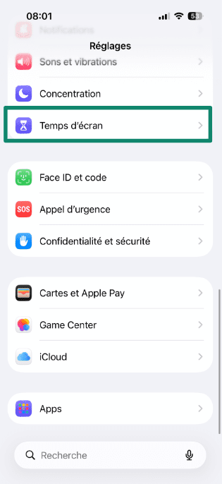 iPhone Settings with Screen Time highlighted.