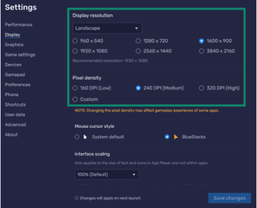 The BlueStacks settings menu is open to Display page, so users can adjust the resolution and pixel density.