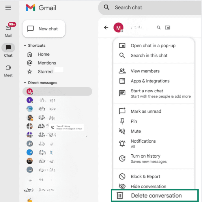 In the Google Chat window, the contact menu is open and the Delete conversation option is highlighted.