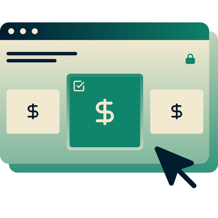 หน้าสั่งซื้อสมัครสมาชิกที่แสดงสามแผนและเมาส์ที่อยู่บนแผนสีเขียว