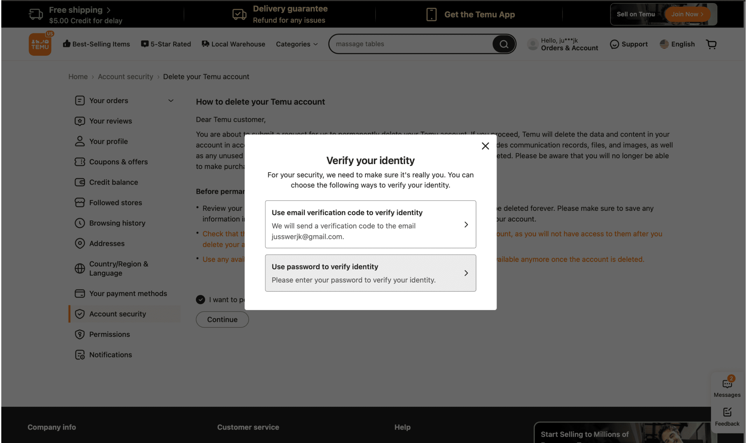 Temu website screen showing verification options prior to deletion.