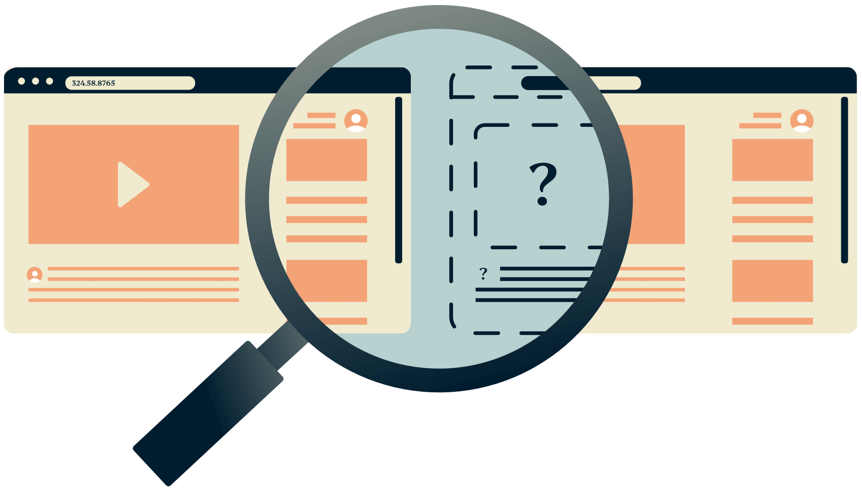 Suurennuslasi kahden selainikkunan päällä, joista toinen on piilotettu.