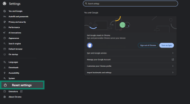 Find the Reset Settings option in the left panel of Chrome Settings.