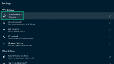 The ExpressVPN smart TV app Settings, highlighting "Auto-connect".